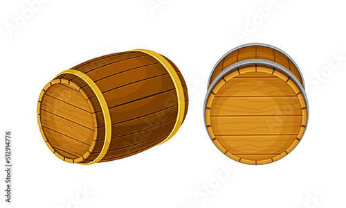 Traditional wooden barrels in front and three quarters positions vector illustration