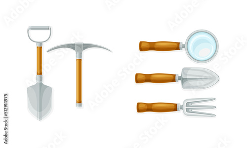 Archeology equipment set. Excavation tools and magnifying glass vector illustration