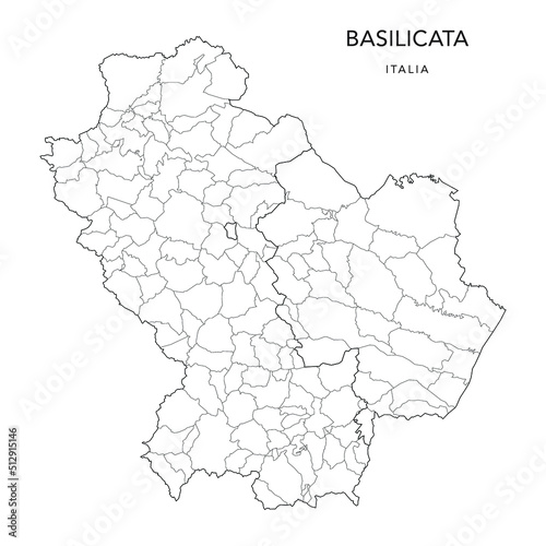 Vector Map of the Geopolitical Subdivisions of the Region of Basilicata with Provinces and Municipalities  Comuni  as of 2022 - Italy