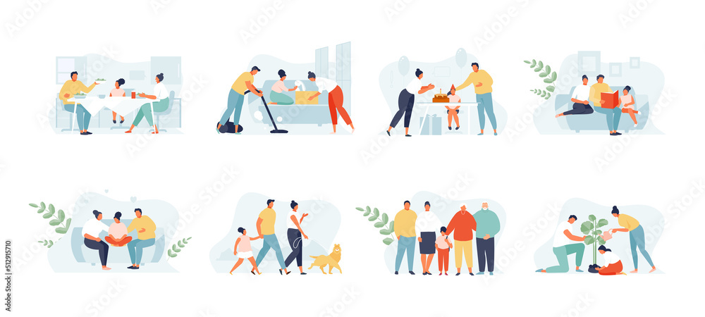 Family spending time together. Happy moments of family life, children and parents. Vector set