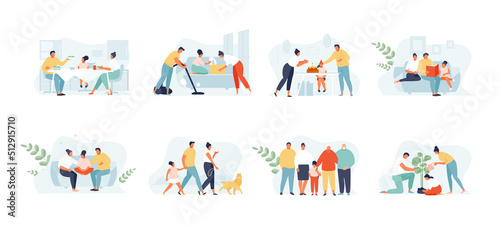 Family spending time together. Happy moments of family life  children and parents. Vector set