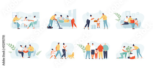 Family spending time together. Happy moments of family life, children and parents. Vector set