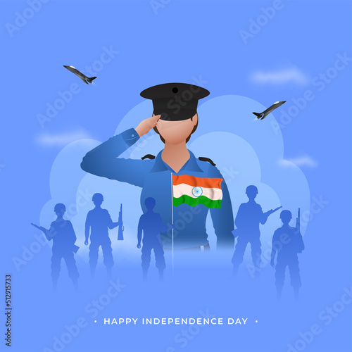 Happy Independence Day Concept With Faceless Female Officer Saluting, Silhouette Soldiers, India Flag And Fighter Jets On Blue Background.