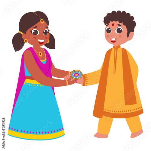 Cute Girl Tying Rakhi To Her Brother On White Background.