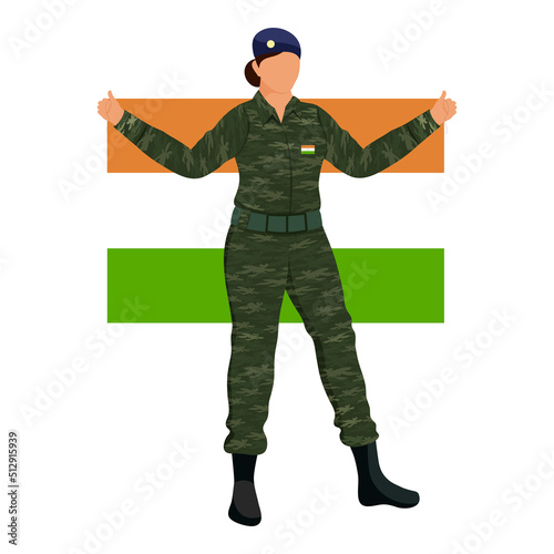 Faceless Army Woman Holding Indian Tricolor Flag Against White Background.