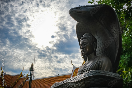 Buddha statues in various gestures at the Bodhi tree courtyard in Wat Benchamabophit. photo