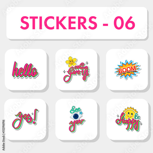 Sticker Style Hello, Never Give Up, Smiley Flower, Comic Boom, Yes!, See You, Eye, Be Happy, Sun On White Background.