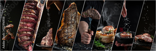 Variety of Dry Aged Barbecue Porterhouse Steak T-bone beef steak sliced. Tenderloin fillet mignon grilled. menu recipe Long banner format, top view photo