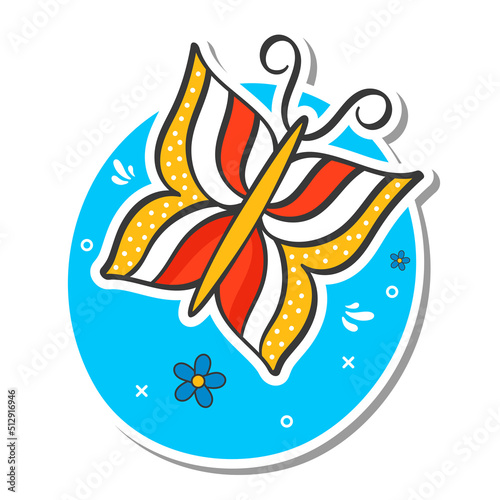 Sticker Style Butterfly With Flowers On Blue And White Background.