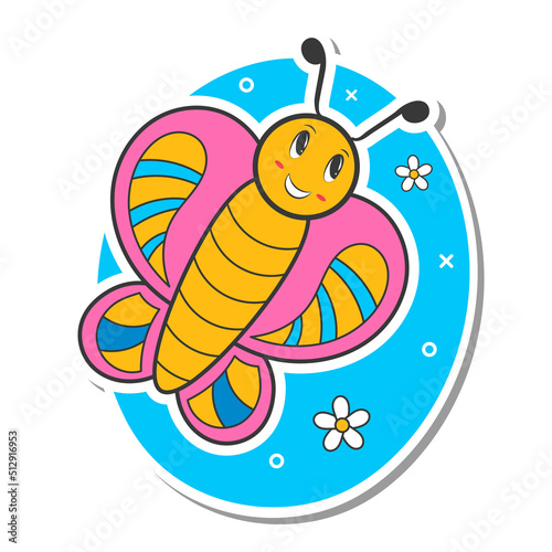 Sticker Style Funny Butterfly With Flowers On Blue And White Background.