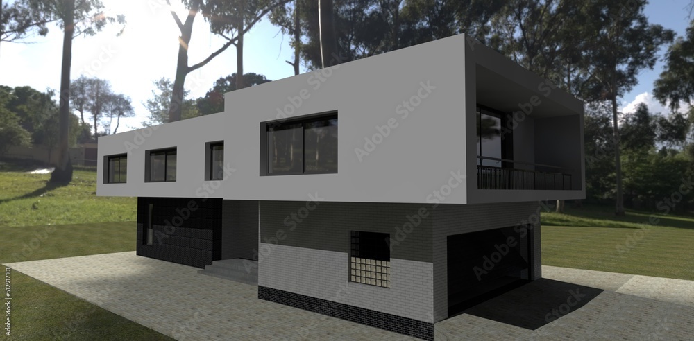 3d render of the flat roof luxury building corner view. May be useful ...