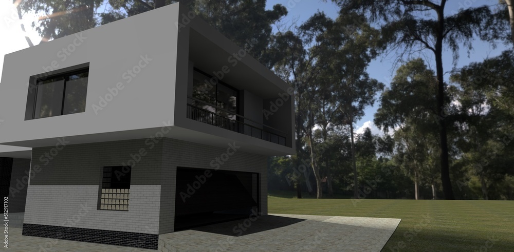 Corner view on the high tech house with white masonry facade - 3d render
May be useful for advertising luxury real estate. 
Good for resources about contemporary real estate design.
