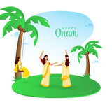 Happy Onam Celebration Concept With Faceless South Indian Women, Coconut Trees On White Background.