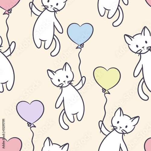 Cute cartoon cast holding on to a balloon seamless background, vector pattern