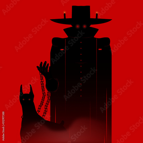 shadow man with hat and chained dog