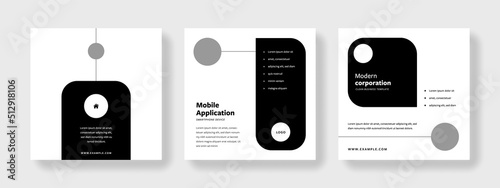 Minimal black and white social media layouts with place for photos, luxury design, copy space for digital marketing, rounded elements, business promotion of company products, circle, elegant and clean