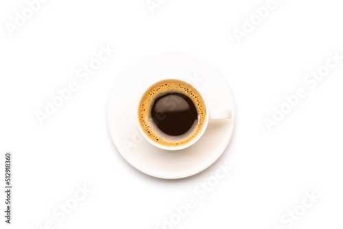 Top view black coffee or Americano in white cup isolated on white