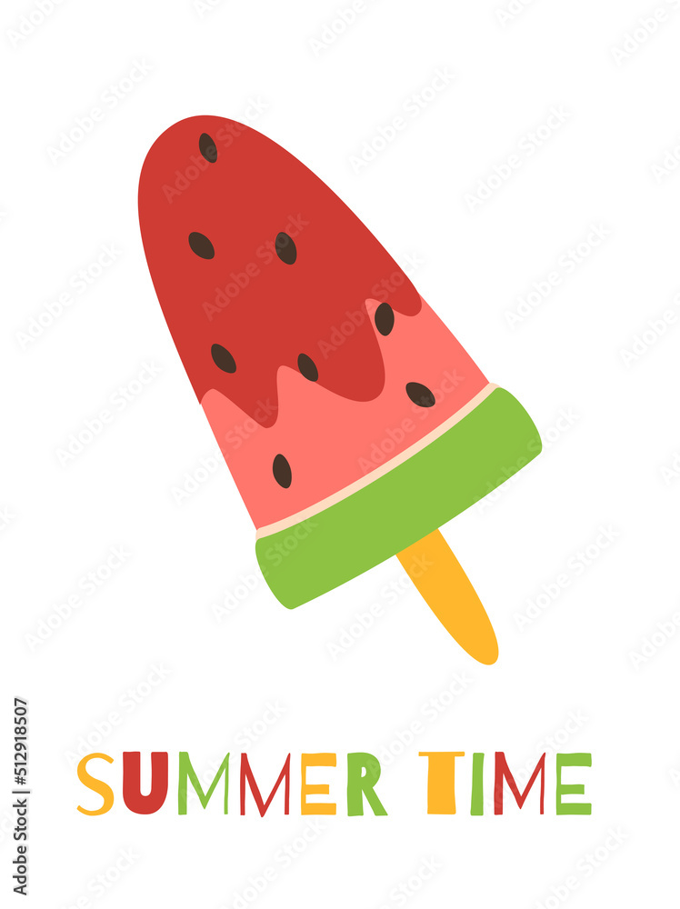 Ice cream in the shape of a watermelon wedge in a flat style. Summer time text. Colorful vector illustration. Cute summer card design. Ice cream in the shape of a watermelon wedge in a flat style. Summer time text. Colorful vector illustration. Cute summer card design.