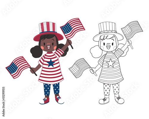 Children's coloring book, celebrating Independence Day in the USA.