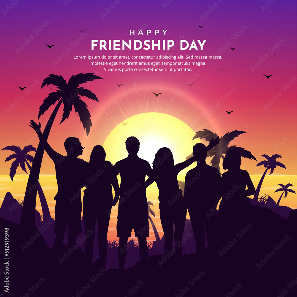 Happy friendship day design background with cheerful youth silhouette and sunset background Happy friendship day design background with cheerful youth silhouette and sunset background