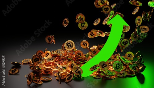 Bitcoin value rising up with green arrow in background ( BTC ) crypto prices grow up Concept . 3D rendering