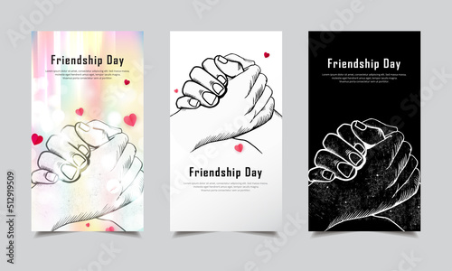 celebration friendship day design template stories with hand shake silhouette vector
