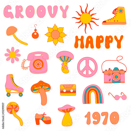 Retro groovy elements from 1970 vibe, cute hippy stickers: сassette, earring, magic mushrooms, shoes, old phone, sunglasses, rollers, camera, gumshoes, sun, daisy, pacific sign, rainbow, sunflower.