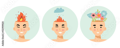 Angry calm man or woman. Head with fire Vector illustration of anger, fury, annoyance. Anger, stressed Burnout, stress, emotional problem abstract concept. Burning brain. flame. flat