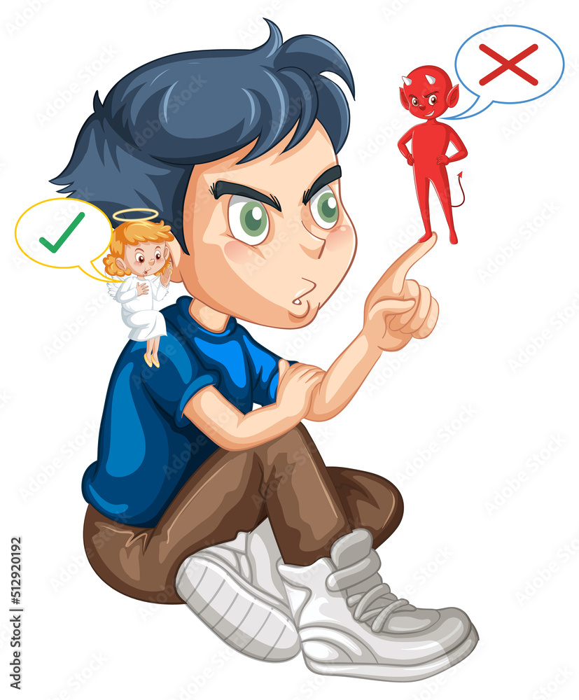 Cartoon character with devil and angel fighting in thought