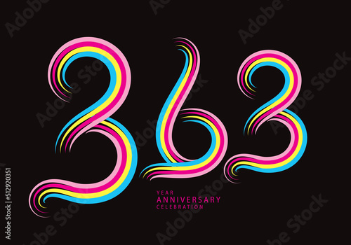 363 number design vector, graphic t shirt, 363 years anniversary celebration logotype colorful line,363th birthday logo, Banner template, logo number elements for invitation card, poster, t-shirt.