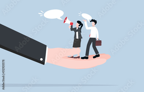 Giving opportunity to employee to share idea, 
opinions, suggestion, friendly and good listener boss concept. Giant hand supporting employees to speak out their opinions to develop business together.