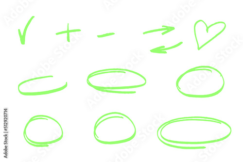 Highlight oval marker frames. Hand drawn scribble circle set. Doodle ovals and ellipses green line template. Stock vector illustration isolated on white background.