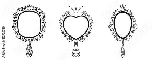 Princess crown mirror frame set. Hand drawn doodle handle mirror with crown for baby princess decorate border. Vector sketch illustration isolated on white background.