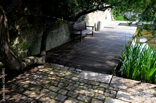 an island with a tree lined with perennials and a fence against entry of ducks by a low metal fence on the edge. terrace of planks by the water and the waterfront by the pond with aquatic mud plants