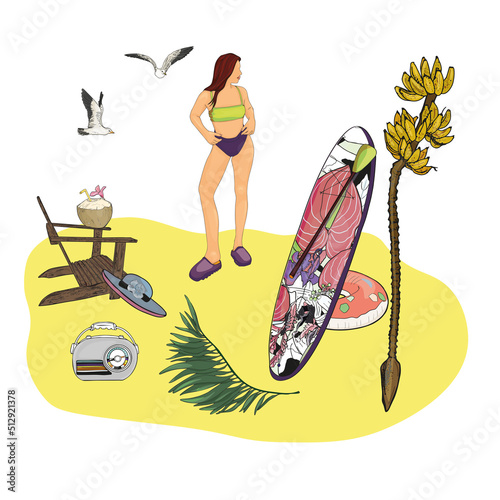 Vector flat illustration of a girl with a sup board. Summer set coconut, bananas, radio, sup, palm trees, hats as a designer blank, logo, emblem