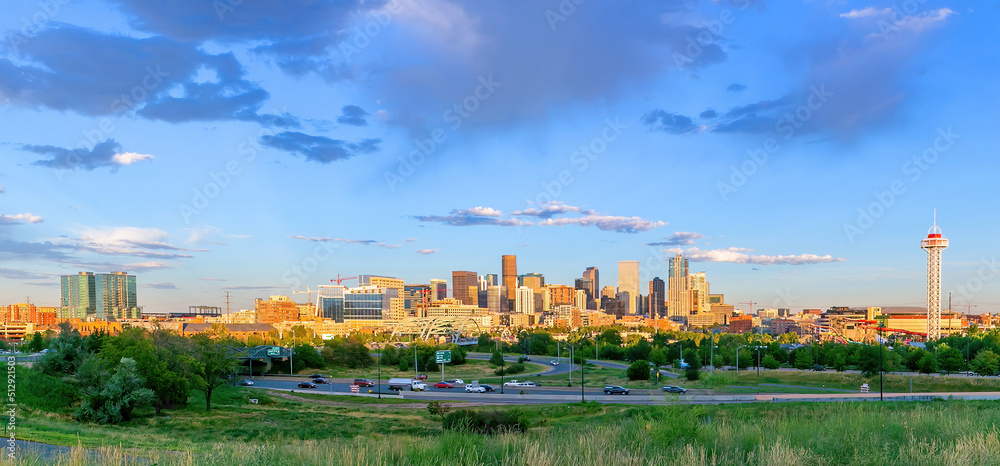 Denver downtown city skyline, cityscape of Colorado in USA