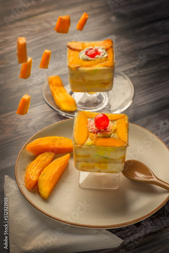 Mango mousse on a plate with copy space