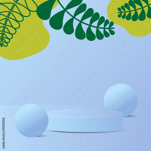 Modern Stage for display product. Pastel Blue Abstract Background with podium and leaves
