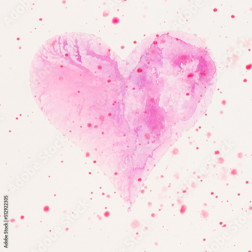 Watercolor painted pink heart, on the white watercolor paper.
