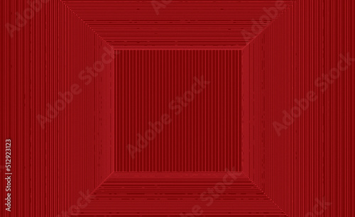 3d rendering. Red tone lines art in sqaure shape pattern wall background.