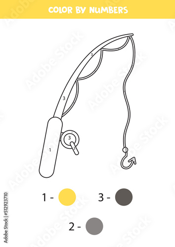 Color fishing rod by numbers. Worksheet for kids.