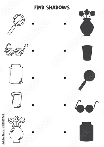 Find the correct shadows of black and white glass items. Logical puzzle for kids.