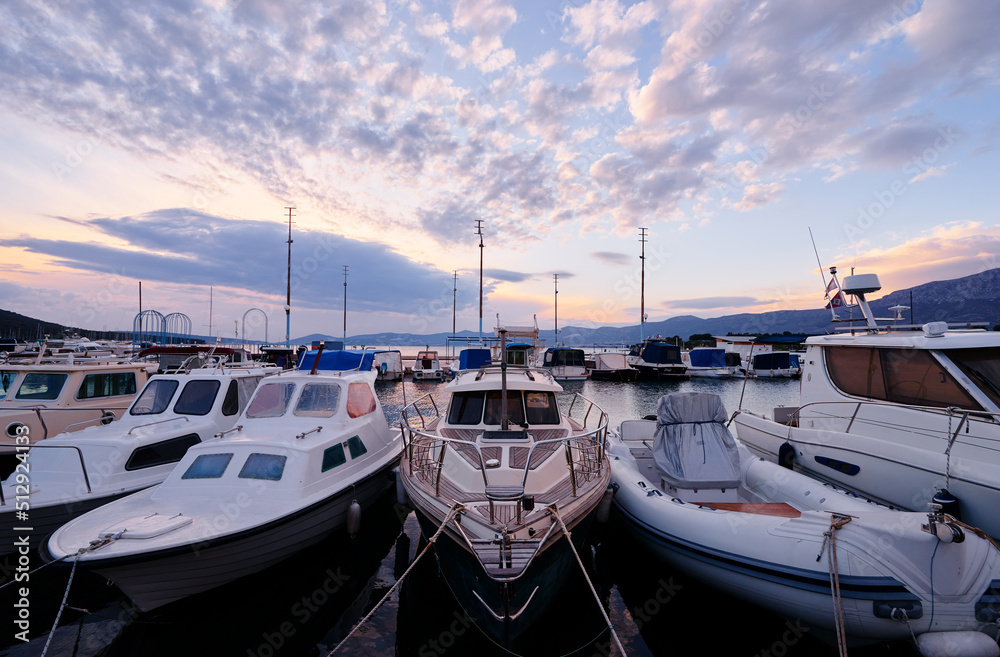 Marina harbour with beautiful white yachts in Split, Croatia.