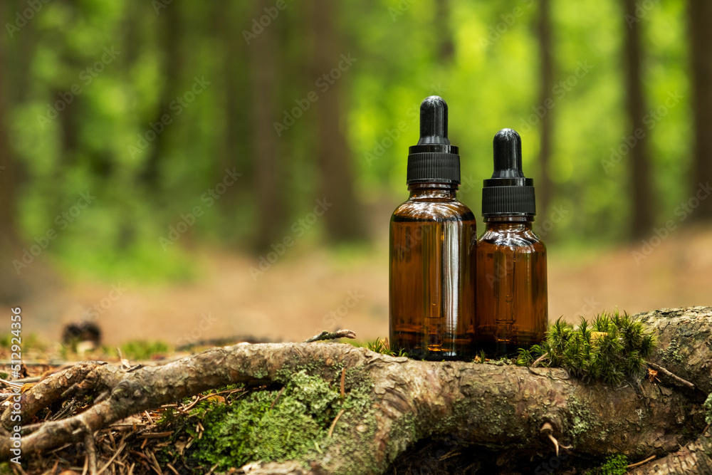 Two glass brown cosmetic containers with pipette are placed against backdrop of a natural forest. Concept of natural organic cosmetics, skin health. Selective focus. Two glass brown cosmetic containers with pipette are placed against backdrop of a natural forest. Concept of natural organic cosmetics, skin health. Selective focus.