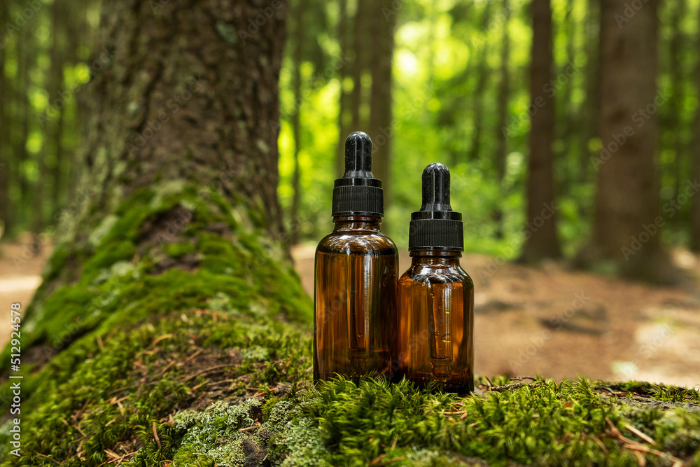 Two glass brown cosmetic containers with pipette are placed against backdrop of a natural forest. Concept of natural organic cosmetics, skin health. Selective focus.. Two glass brown cosmetic containers with pipette are placed against backdrop of a natural forest. Concept of natural organic cosmetics, skin health. Selective focus..