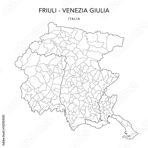 Vector Map of the Geopolitical Subdivisions of the Region of Friuli-Venezia Giulia with Provinces and Municipalities (Comuni) as of 2022 - Italy