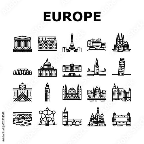 Photo Europe Monument Construction Icons Set Vector