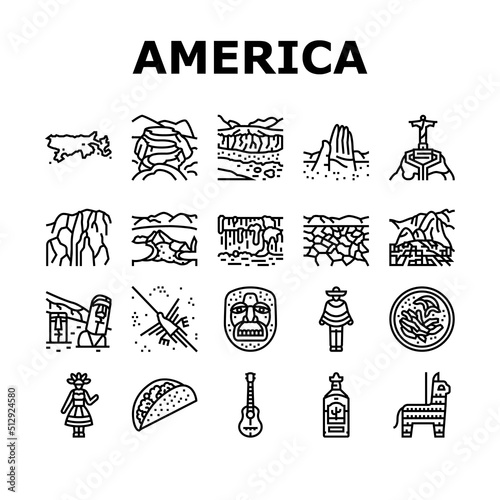 South America Scape And Tradition Icons Set Vector. South America Antique Mask And Guitar, Tequila Alcoholic Drink Ad Taco Food, Machu Picchu Iguazu Falls, Desert And Lake Black Contour Illustrations