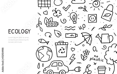 Hand drawn doodle set of ecology theme items. Horizontal banner template. Vector illustration.