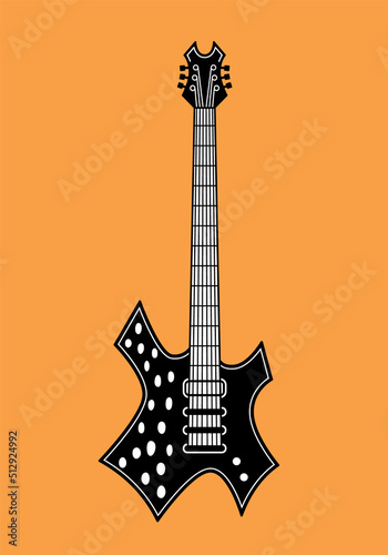 Rock music electric guitar.Vector graphic musical instrument.Isolated element on orange background.